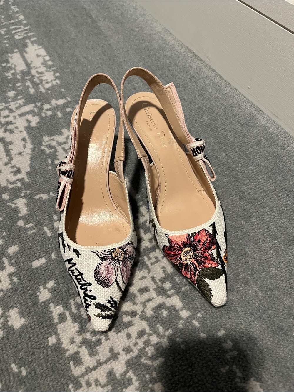 Dior White Slingback Pumps with Pink & Red Floral Embroidery